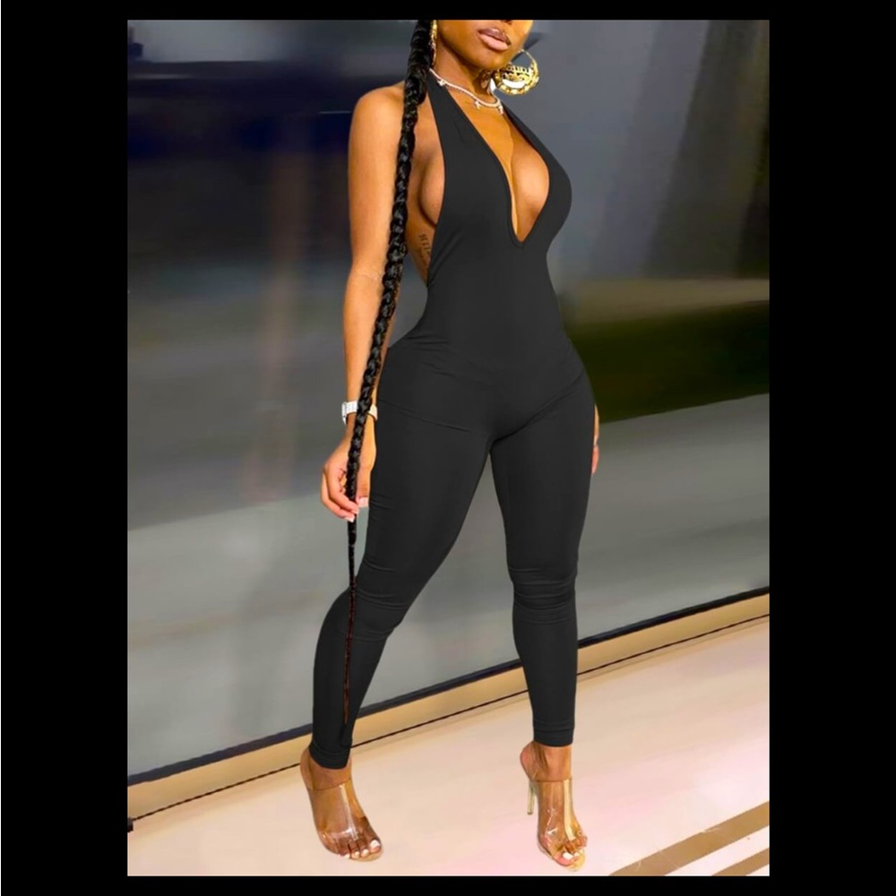 US Women Deep V Neck Sleeveless Solid Backless Skinny Jumpsuit S, M , L